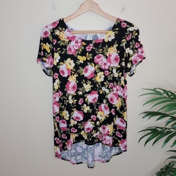 Gilli | Black Pink Yellow Floral Short Sleeve Top Size Medium - Picture 7 of 7